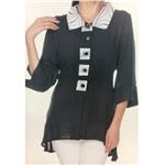 LINDI Black Packable Stretch Black And White Swirl Print Button Front Collared Tunic Top