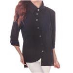 LINDI Solid Black Packable Stretch Button Down Collared Tunic Top