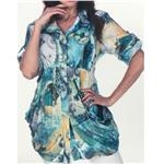 LINDI Blue Multicolored Packable Stretch World Travel Print Button Front Collared Tunic Top