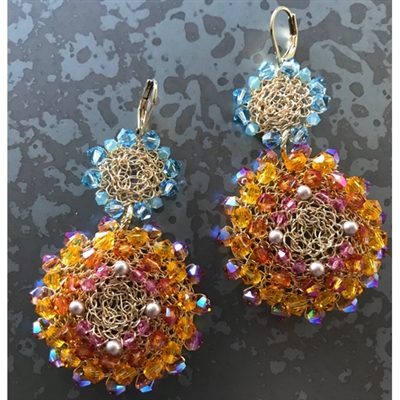 PRINCESS DESIGNS Handmade Couture Crocheted Wire Jewelry Two Tiered Medallion Earrings