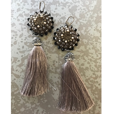 PRINCESS DESIGNS Handmade Couture Crocheted Wire Jewelry Two Tiered Medallion Tassel Earrings