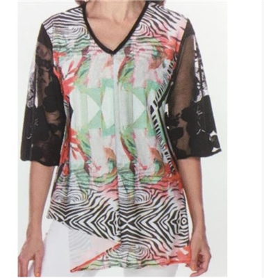 LINDI Pink And Black Packable Stretch Retro Swirl Print V-Neck Tunic Top